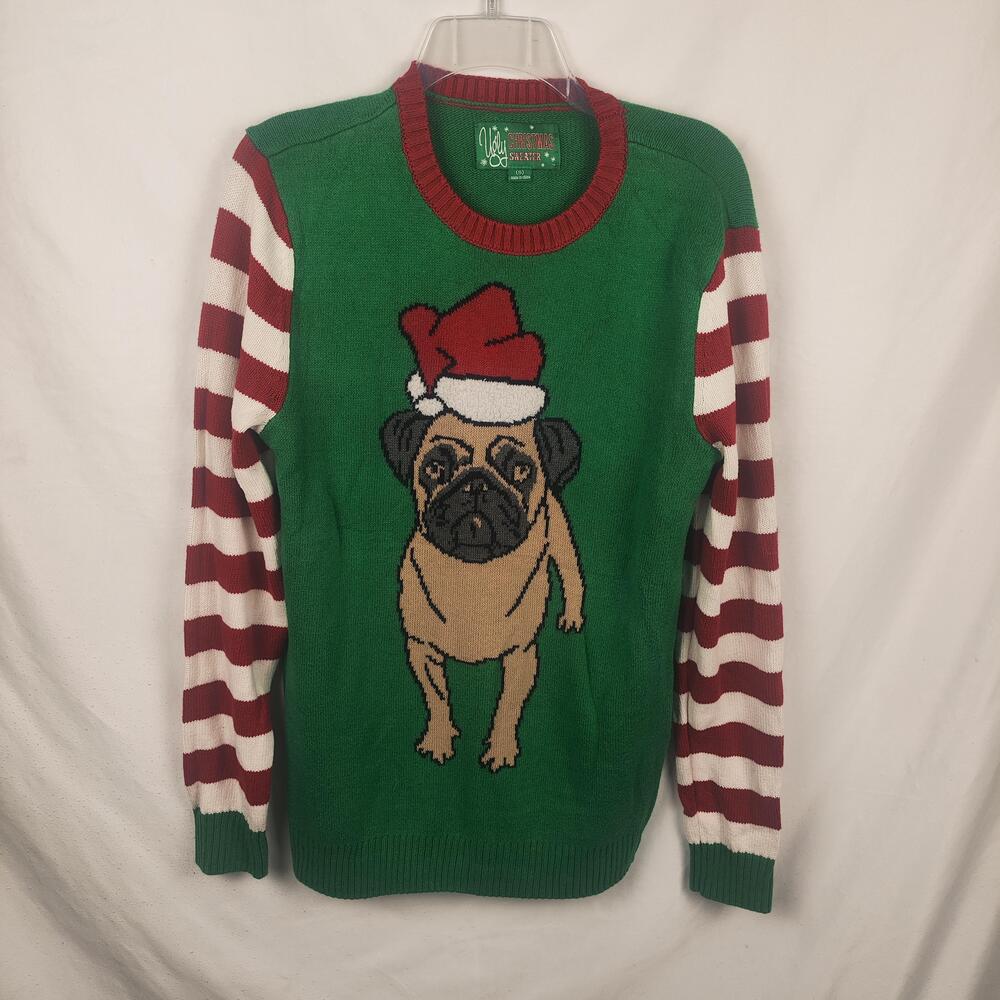 Ugly Christmas Sweater Sweater Mens Small Green Pug Santa Hat Striped Sleeve